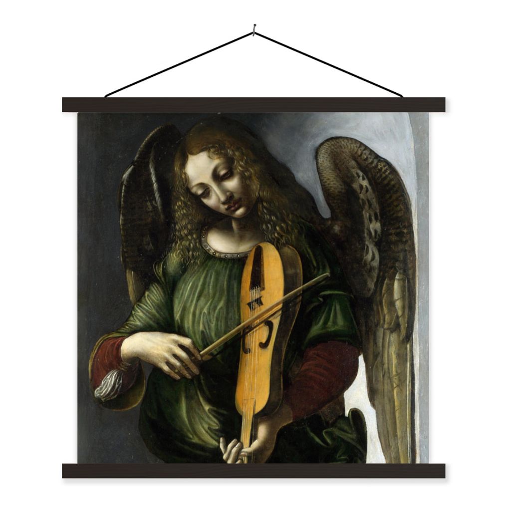 MuchoWow Textilposter Ein Engel in Grün mit einer Fahne - Leonardo da Vinci 120x120 cm mit schwarzem Rahmen - Aufhängungsset