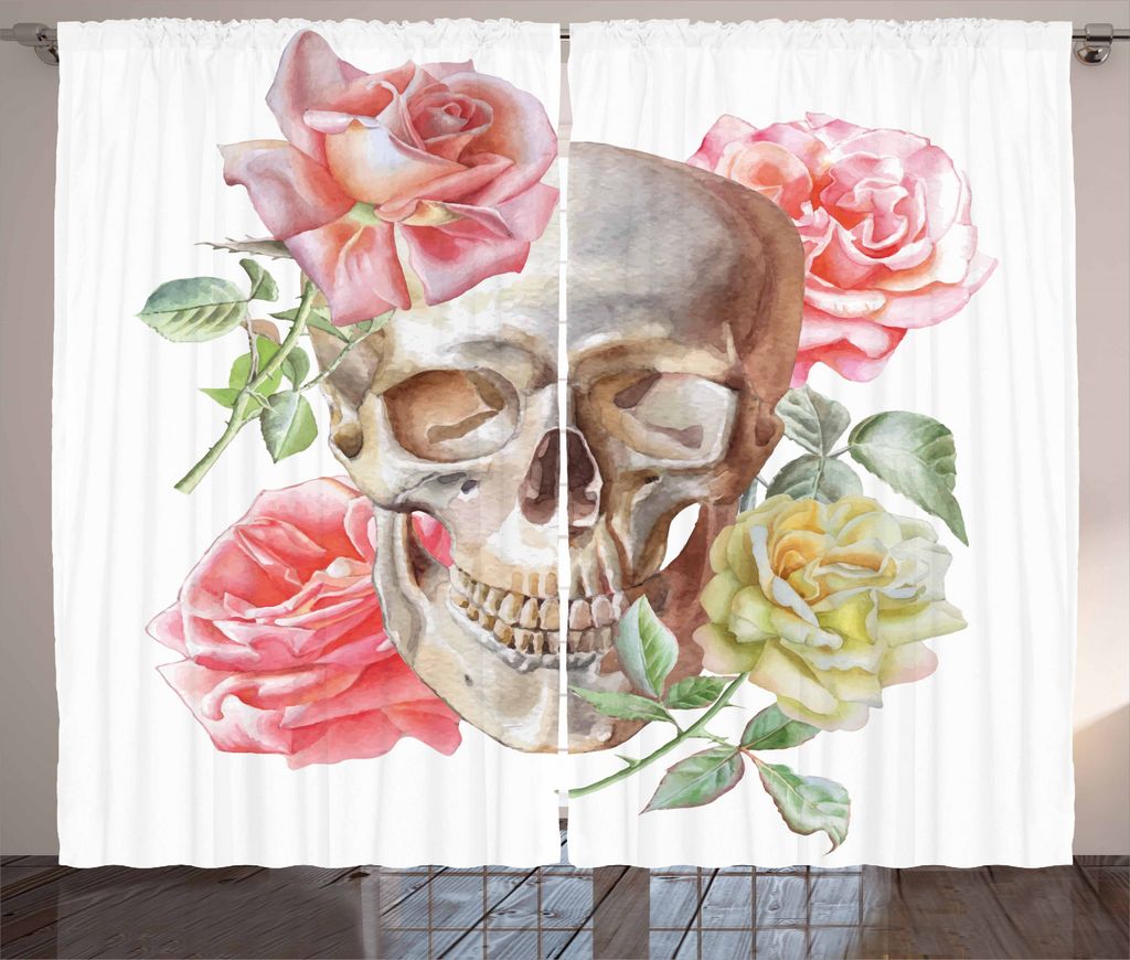 ABAKUHAUS Schädel Rustikaler Gardine, Zarte Blüte Schädel, Schlafzimmer Kräuselband Vorhang mit Schlaufen und Haken, 280 x 245 cm, Mehrfarbig