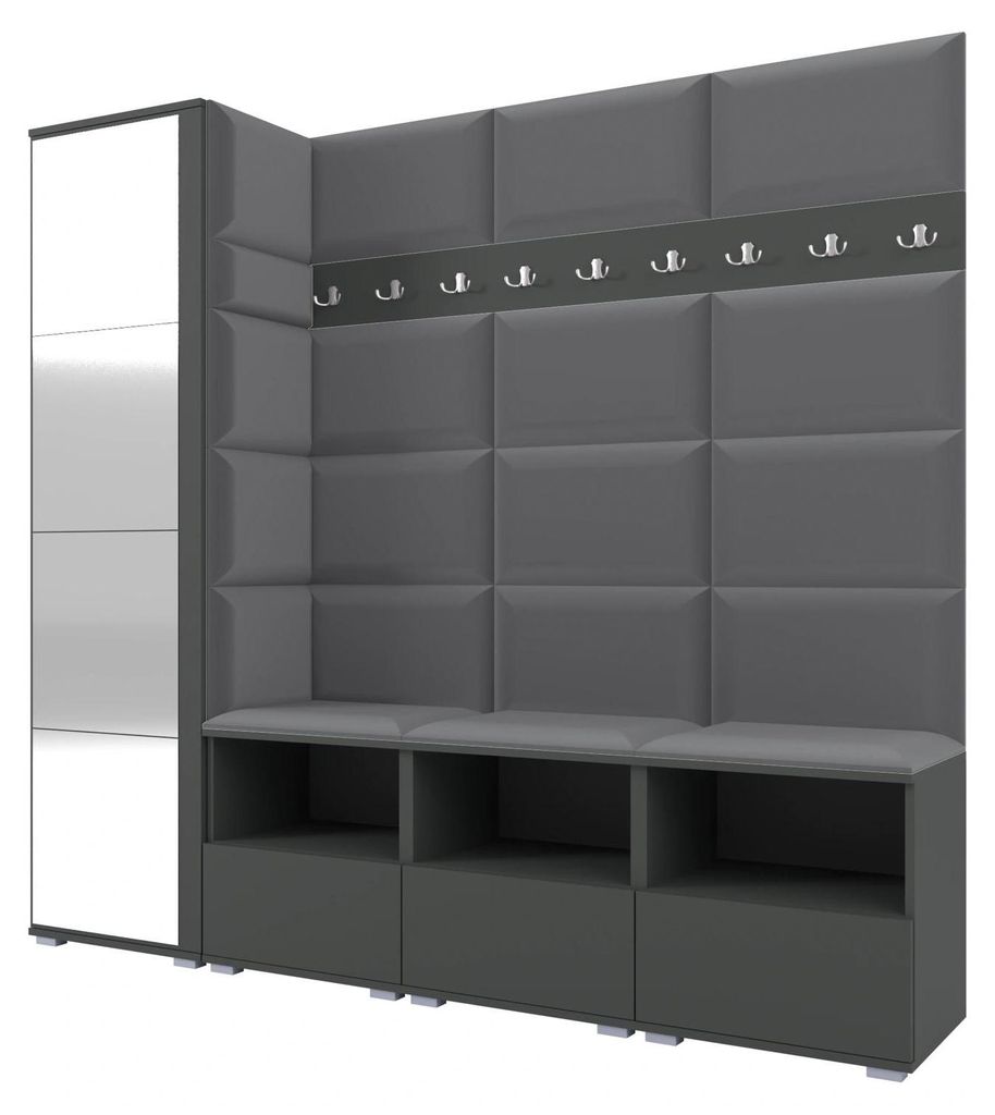 Garderobe NELA IX 200 cm Modulare Flurmöbel Graphit mit Spiegel & Sitzpolster Dunkelgrau 15 (Breite Sitzbank)