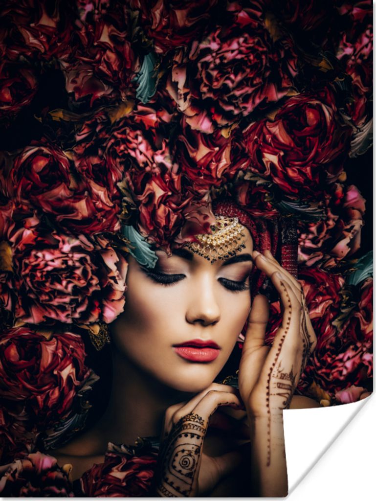 MuchoWow Poster Frau - Blumen - Henna - Porträt 90x120 cm - Wohnzimmer