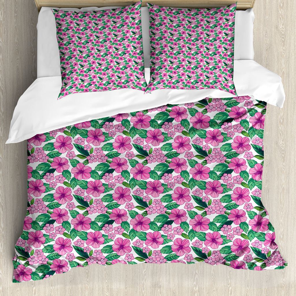 ABAKUHAUS Blumen Bettbezug Set für Einzelbetten, Hibiscus und Plumeria Kunst, Milbensicher Allergiker geeignet mit Kissenbezug, 155 cm x 220 cm - ...