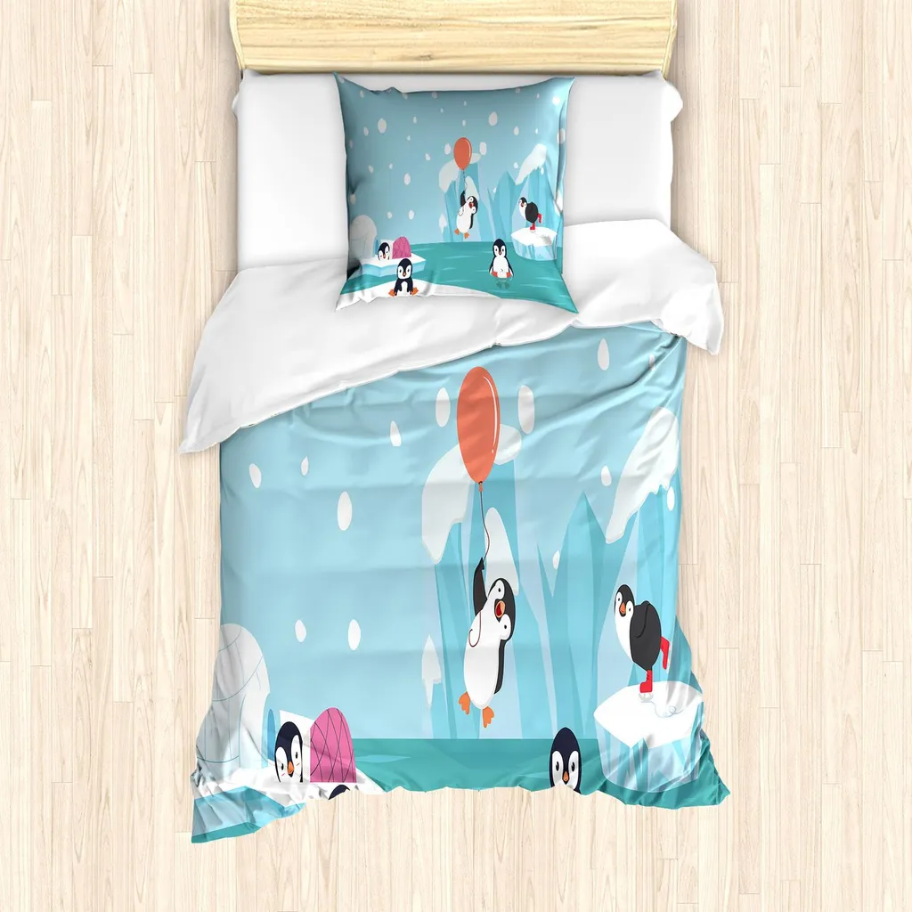 Parure de lit enfant pingouins glacier 135x200 cm coton doux bleu