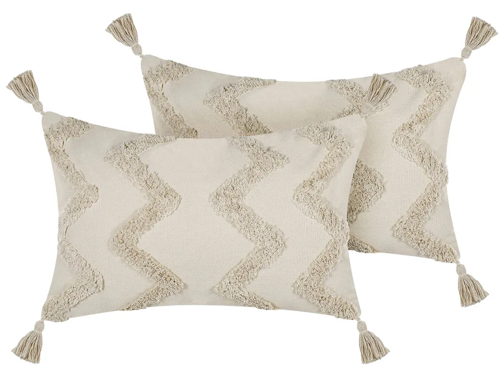 BELIANI Coussins Décoratifs Coton Beige 40 x 60 cm à Pompons Chevron
