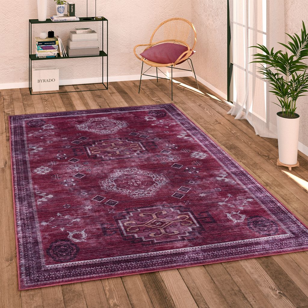 Teppich Wohnzimmer Flachgewebe Vintage Orient Ornamente Bordüre Waschbar Grösse 160 cm Rund