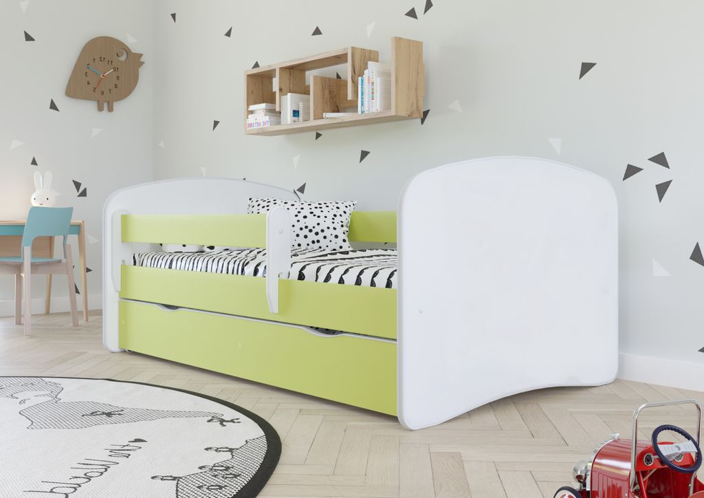 Kinderbett Jugendbett 80x180 cm Grün mit Matratze Rausfallschutz Schublade und Lattenrost Kinderbetten für Mädchen und Junge - ohne Motiv