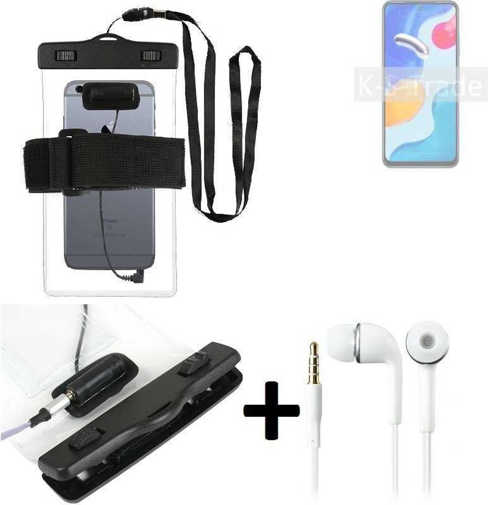 K-S-Trade Wasserdichte Hülle + Kopfhörer kompatibel mit Xiaomi Redmi Note 11S Global transparent Jogging Armband Wasserfeste Handy Hülle beach bag