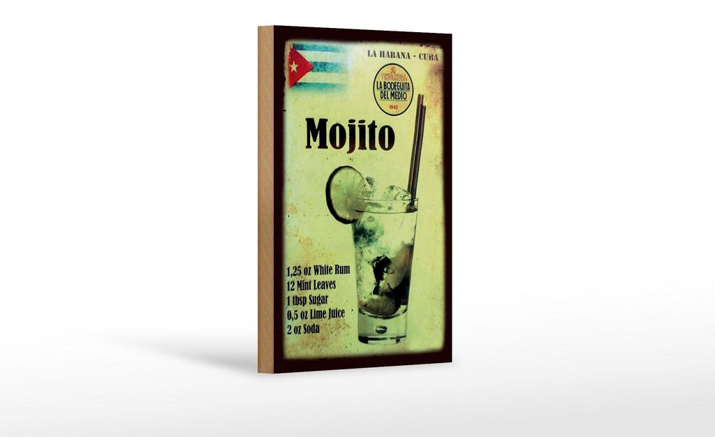 Holzschild Cocktail 12x18 cm mojito Rezept Retro Kuba Flagge Deko Schild