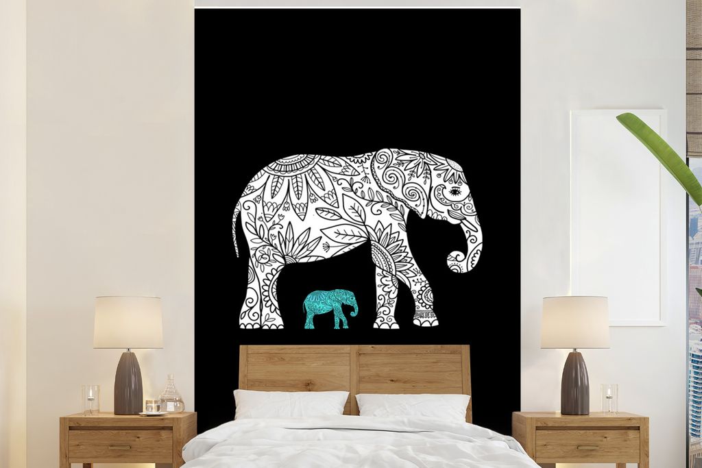 MuchoWow Fototapete für Wohnzimmer oder Schlafzimmer Wandtapete Vinyl Motivtapete Elefant - Muster - Schwarz - 225x350 cm - Schlafzimmer tapete