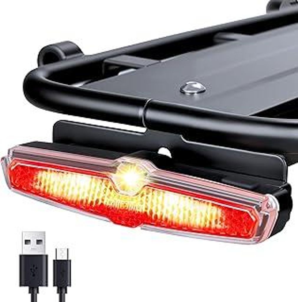 Rücklicht Fahrrad für Gepäckträger, StVZO-Zulassung, Fahrradlicht Hinten USB-C Aufladbar, 220° Sichtbarkeit, Fahrradrücklicht LED mit Bremsli...