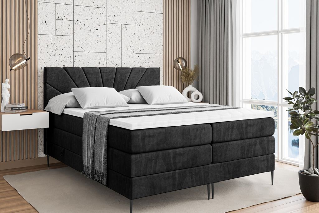 ALTDECOR Boxspringbett mit Schwarz Füßen, Matratze und Lattenrost, Topper, Polsterbett mit Bettkasten, Bett mit Stauraum H3- und H4- Matratze, Do...