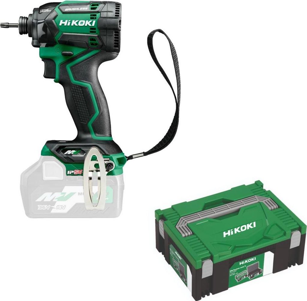 A HiKOKI cordless impact driver with a battery attached, and a storage case.