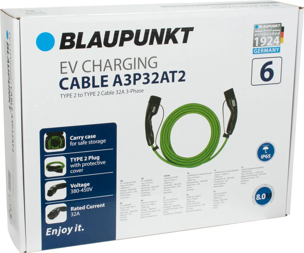 Câble Blaupunkt triphasé 32A 22kW Type 2 A3P32AT2 haute performance
