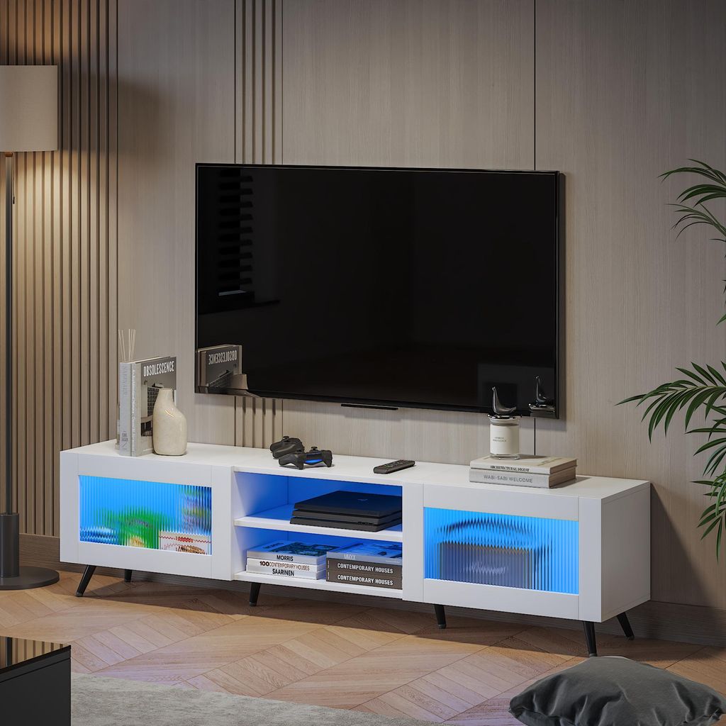 Radelldar TV-Schrank Lowboard mit LED-Beleuchtung, für Fernseher bis zu 70 Zoll, mit 2 Acryltüren, stehend, 160cm, Weiß