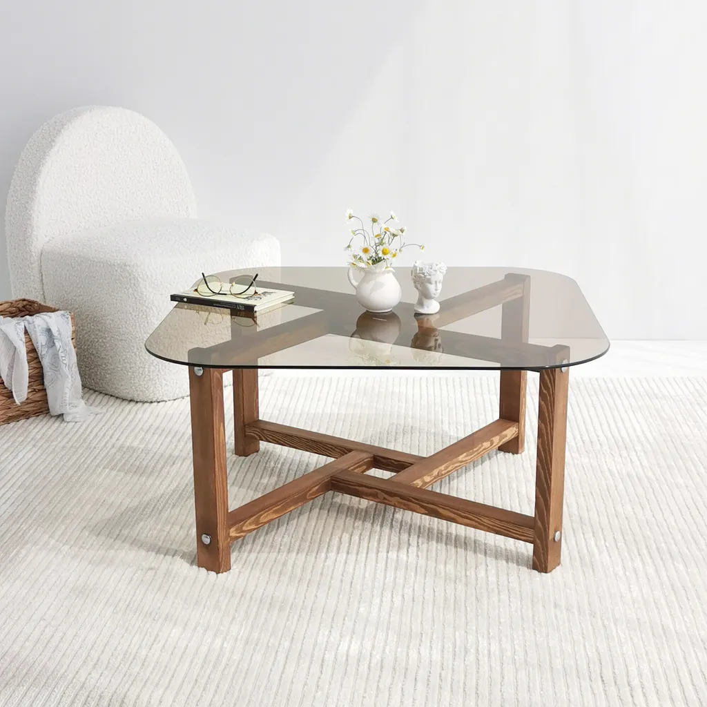 Table basse robuste en chêne et verre sécurit pour un salon durable Zen