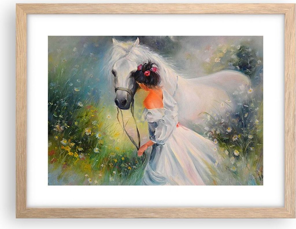 Gerahmtes Poster - Rahmen in heller Eiche - Frau Wiese Pferd - 40x30 cm - Wand Bild - Wanddeko - Wandbilder - Kunstposter - Wandposter - Bilderrahm...