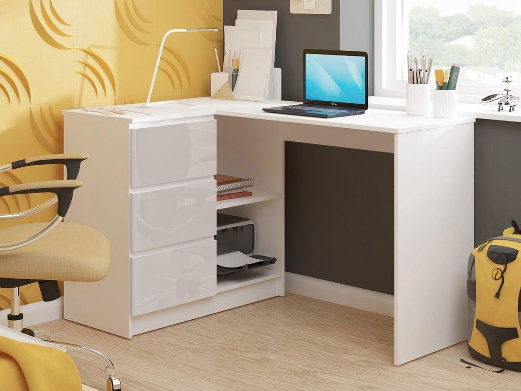 Eckschreibtisch 124cm mit 3 Schubladen L-Form Computertisch Eckschrank 2 Fächer