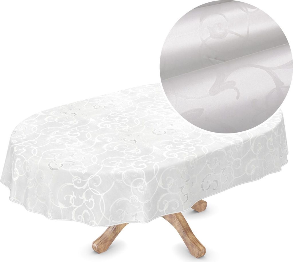 Tischdecke Wachstuch Premium Ornamente Weiß Robust Wasserabweisend Oval Breite 155 cm Länge 320 cm