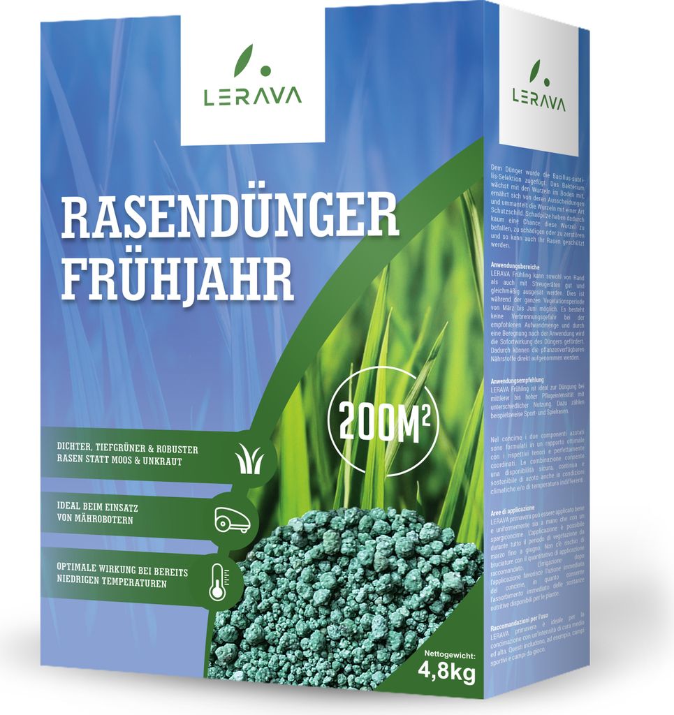 LERAVA Rasendünger Frühjahr - Langzeitdünger - dichter, tiefgrüner & robuster Rasen statt Moos & Unkraut - Ideal beim Einsatz von Mährobotern ...