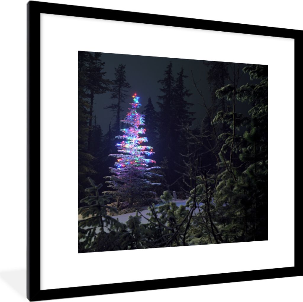 MuchoWow MuchoWow Gerahmtes Poster Beleuchteter Weihnachtsbaum in einem dunklen Wald 40x40 cm - Poster mit zchwarzem Bilderrahmen - Poster - Pl...