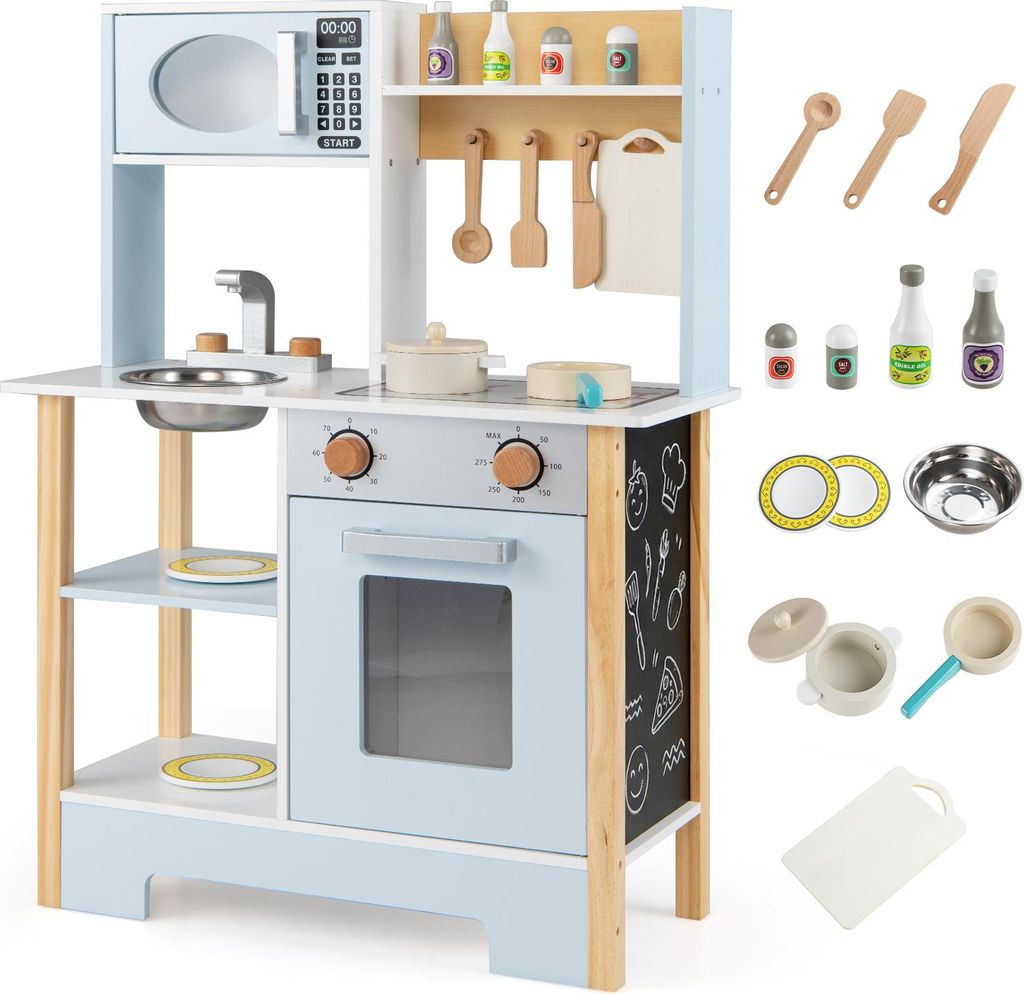 COSTWAY Kinderküche, Spielküche mit Tafel, Mikrowelle, Herd, Wasserhahn & Spüle, Spielzeugküche mit Küchenzubehör, Holzküche für Kinder 3+