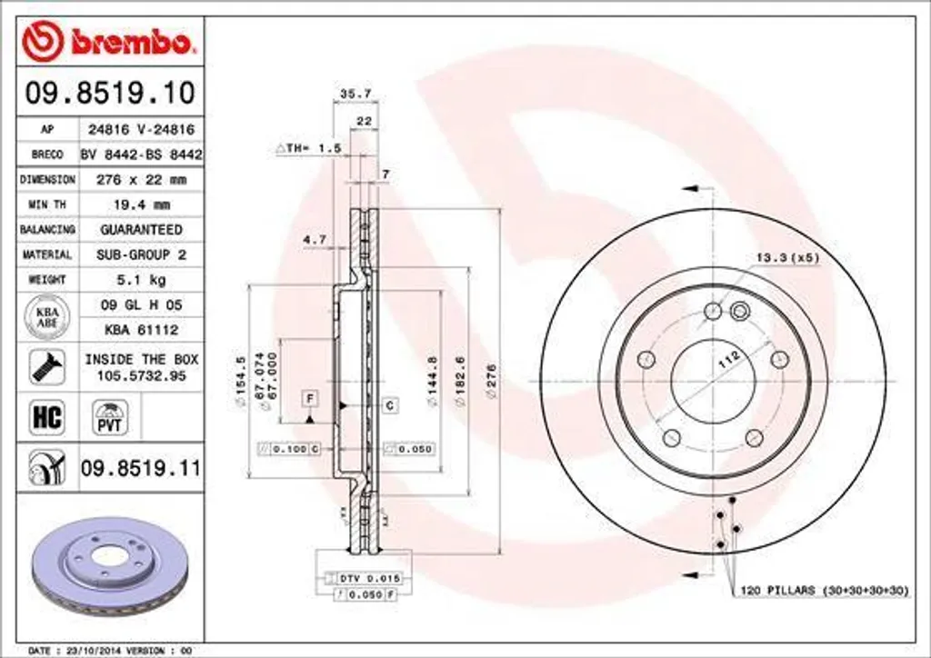 Disque de Frein Brembo 09.8519.11 : Stoppez les Vibrations Classe A W168