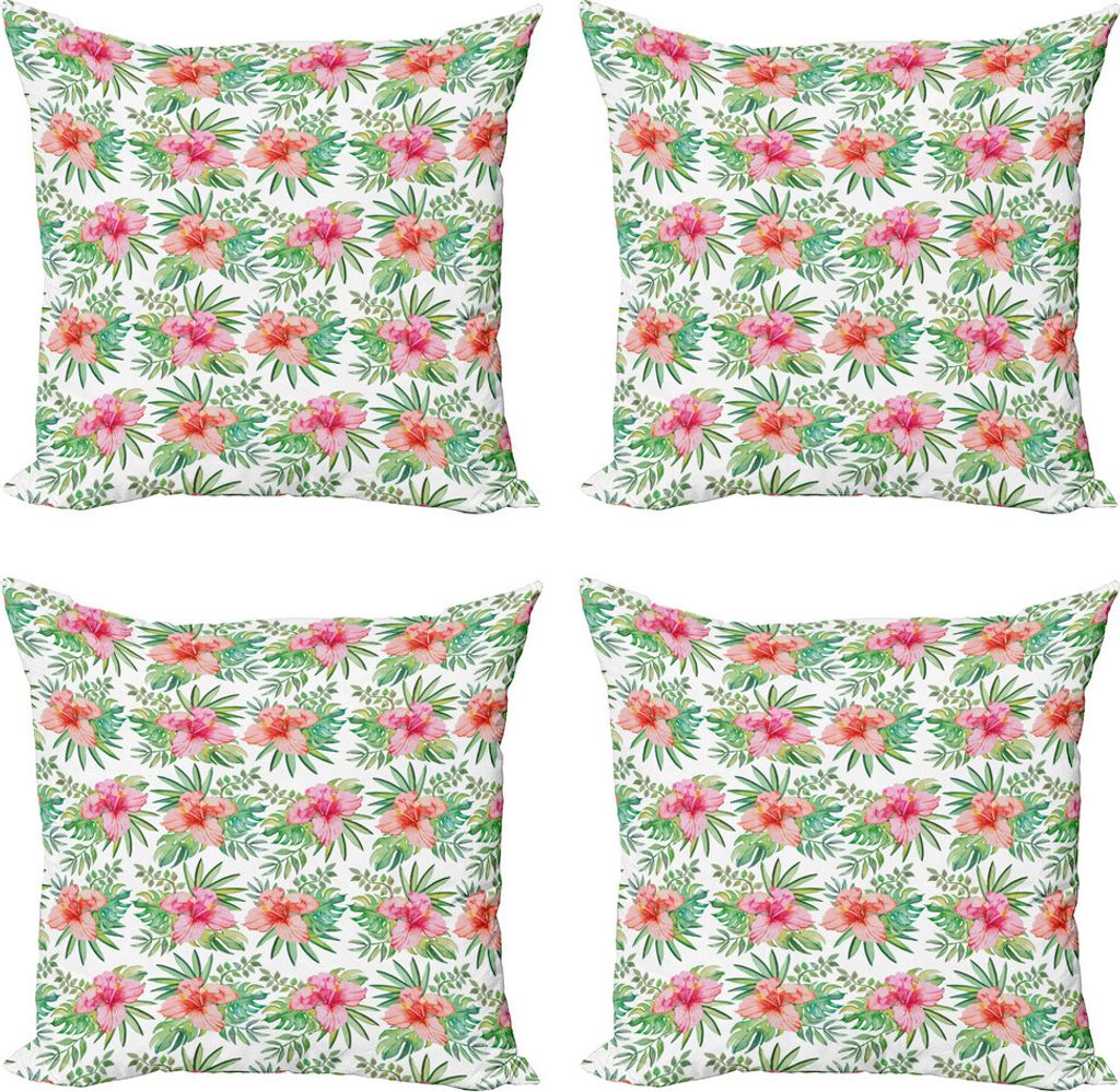 ABAKUHAUS Luau Kissenbezug Set (4 Stück), Hibiscus Monstera Palmblätter, Moderner Doppelseitiger Digitaldruck, 40 cm x 40 cm, Vermilion Hot Pink