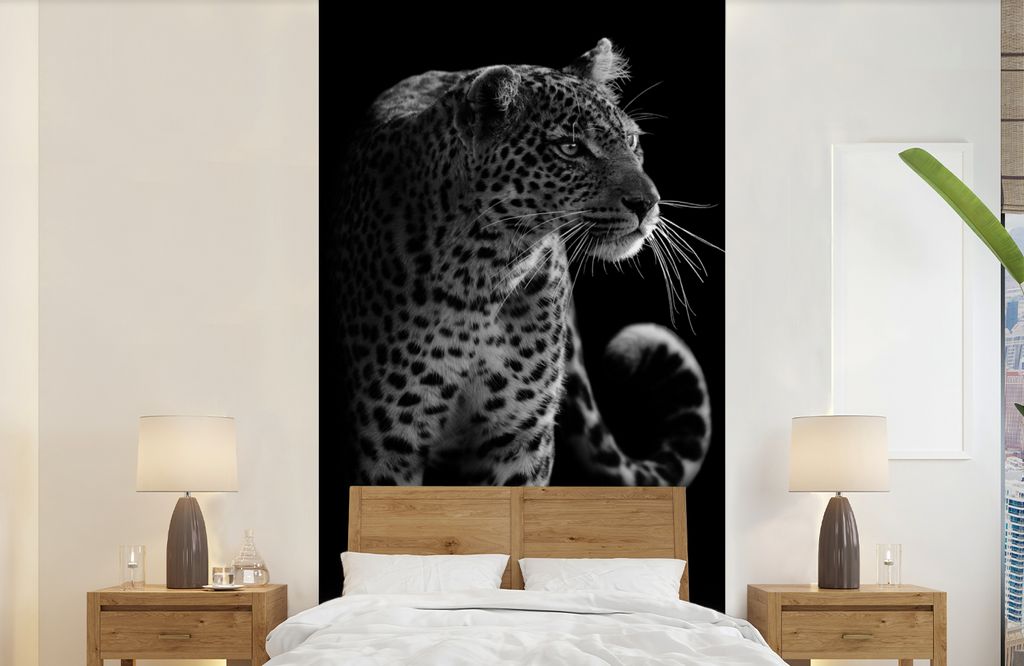 MuchoWow Fototapete für Wohnzimmer oder Schlafzimmer Wandtapete Vinyl Motivtapete Wildtiere - Leopard - Natur - Schwarz - Weiß - 120x240 cm - H...