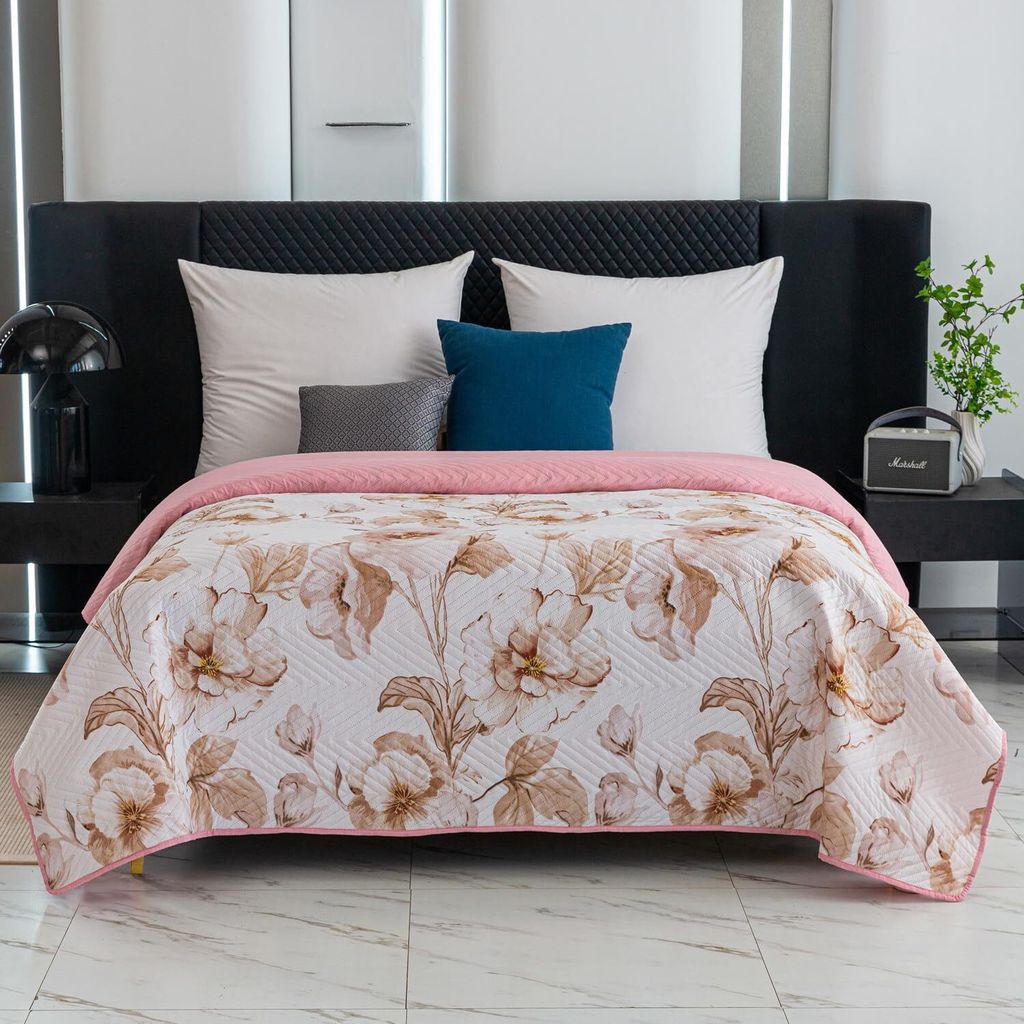 FEBE Tagesdecke Bettüberwurf 240x220 cm Blumen/Rosa Überwurfdecke Sofadecke Sofaüberwurf Flauschig Mikrofaser Zimmer Deko Throw Blanket