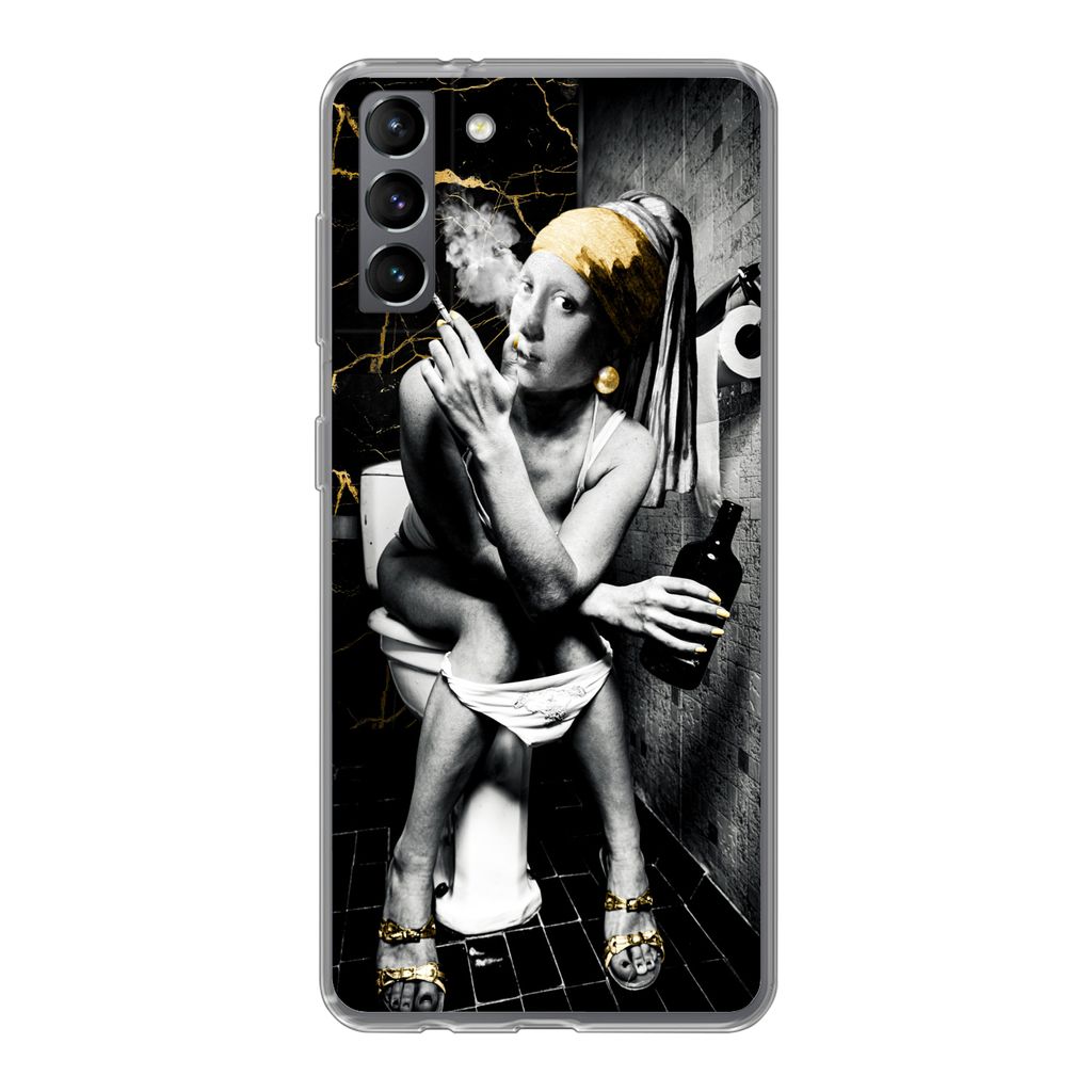 MuchoWow Handyhülle Schutzhülle Hülle für Samsung Galaxy S21 Plus Marmoroptik - Mädchen mit Perlenohrring - Zigaretten - Toilette - Gold - K...