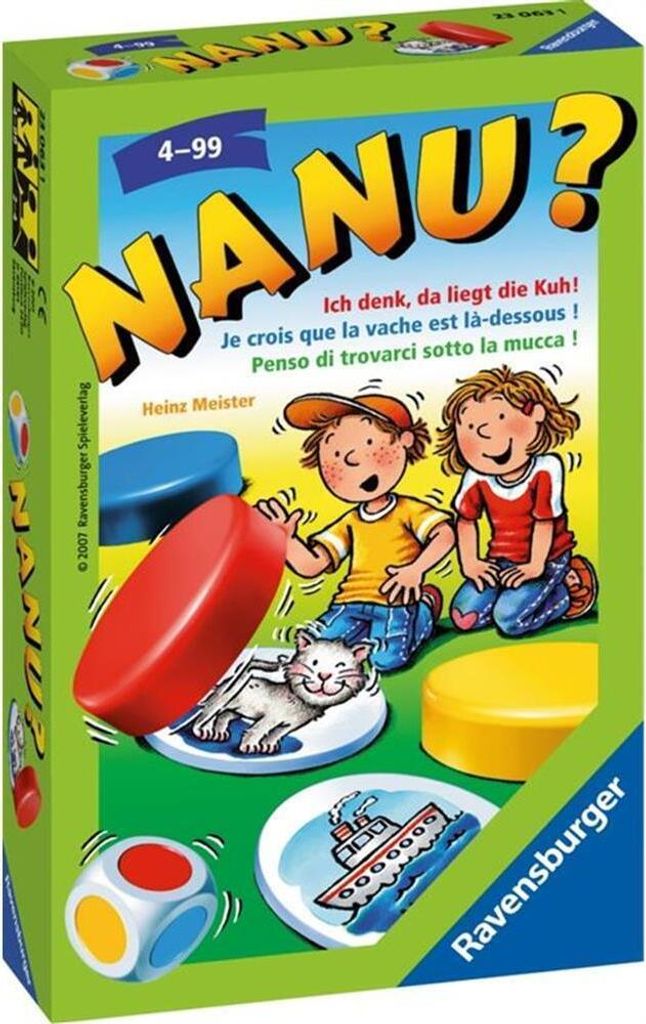 The image shows the box of the board game 'Nanu?'. The box features cartoon illustrations of children playing with game pieces, including colorful discs and a die. The game's title and multilingual descriptions are prominently displayed.