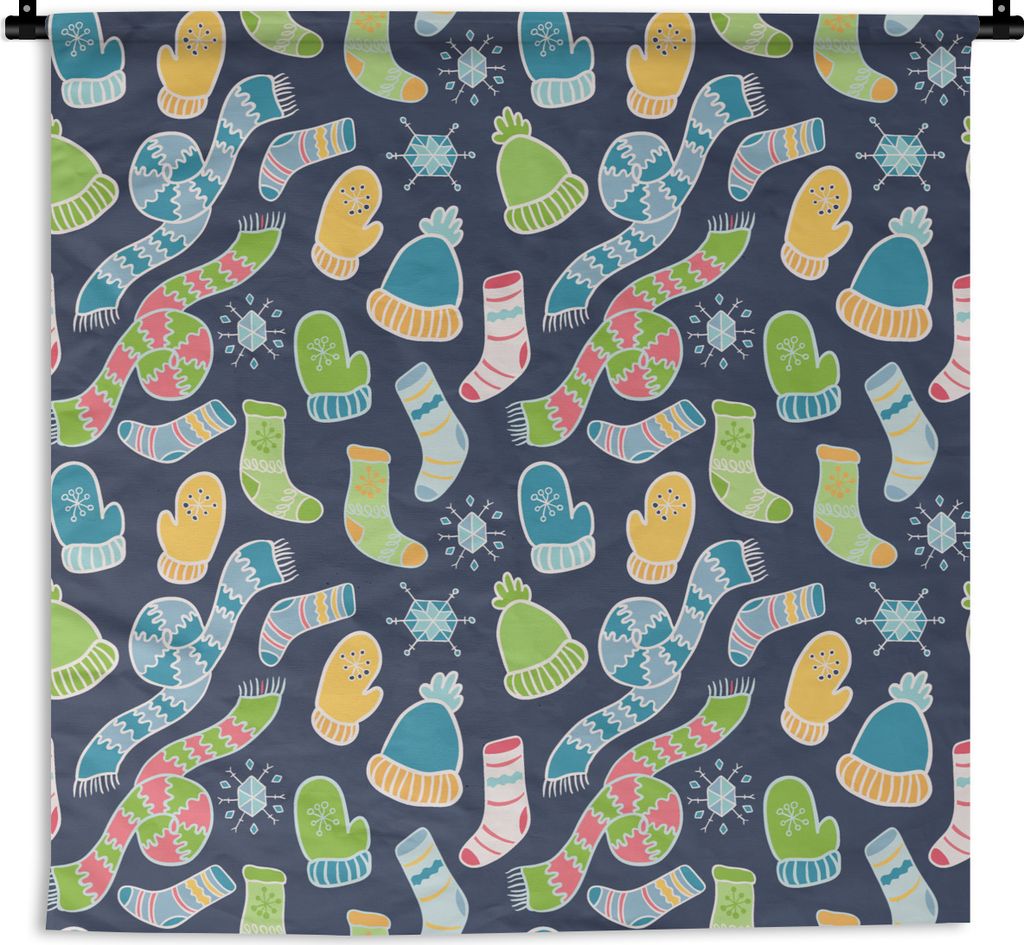 MuchoWow Wandteppich Wandbehang Schal - Handschuhe - Mütze - Regenbogen - Winter - Schnittmuster 120x120 cm Tapisserie Dekoration Wandtuch - Mod...