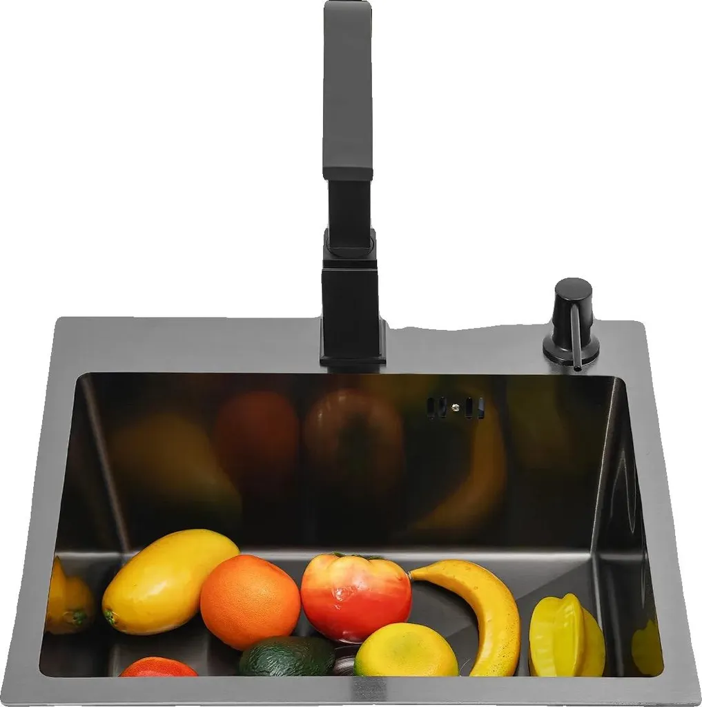 Évier de cuisine en acier inoxydable noir avec robinet rotatif 360°