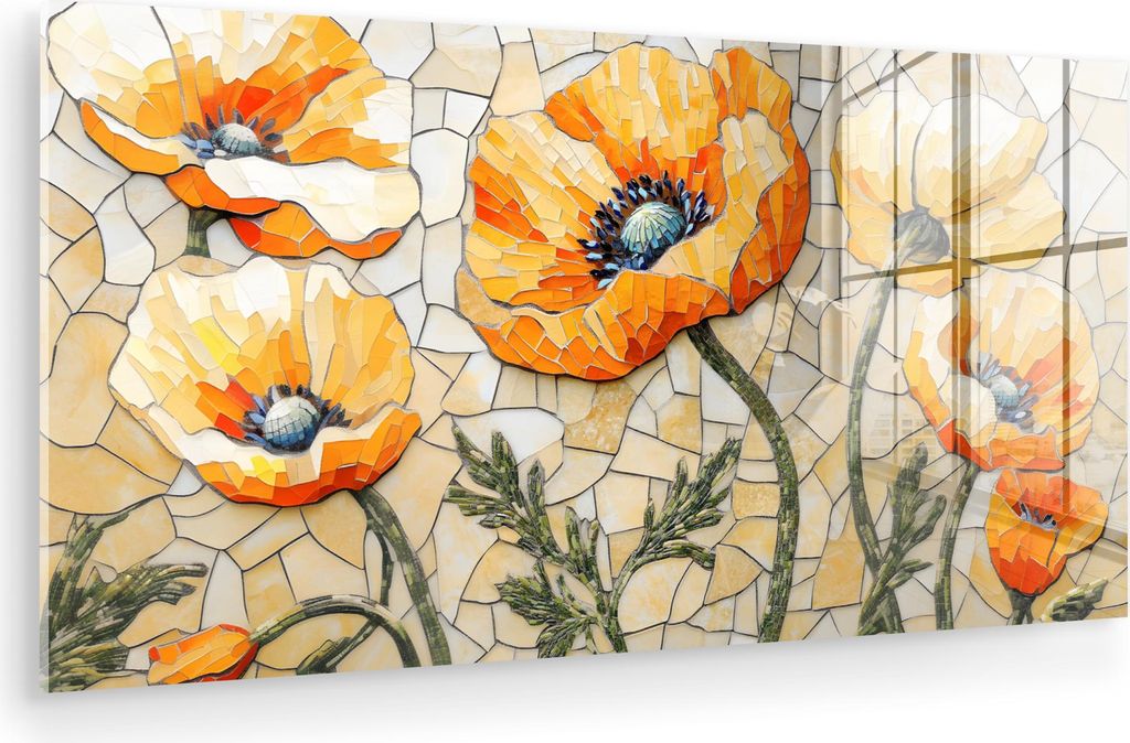 MuchoWow Glasbilder - Bilder auf Wandbild - Foto auf Glas Mohnblumen - Orange - Mosaik - Blätter 80x40 cm Wanddekoration aus Glas - Acrylglasbild ...