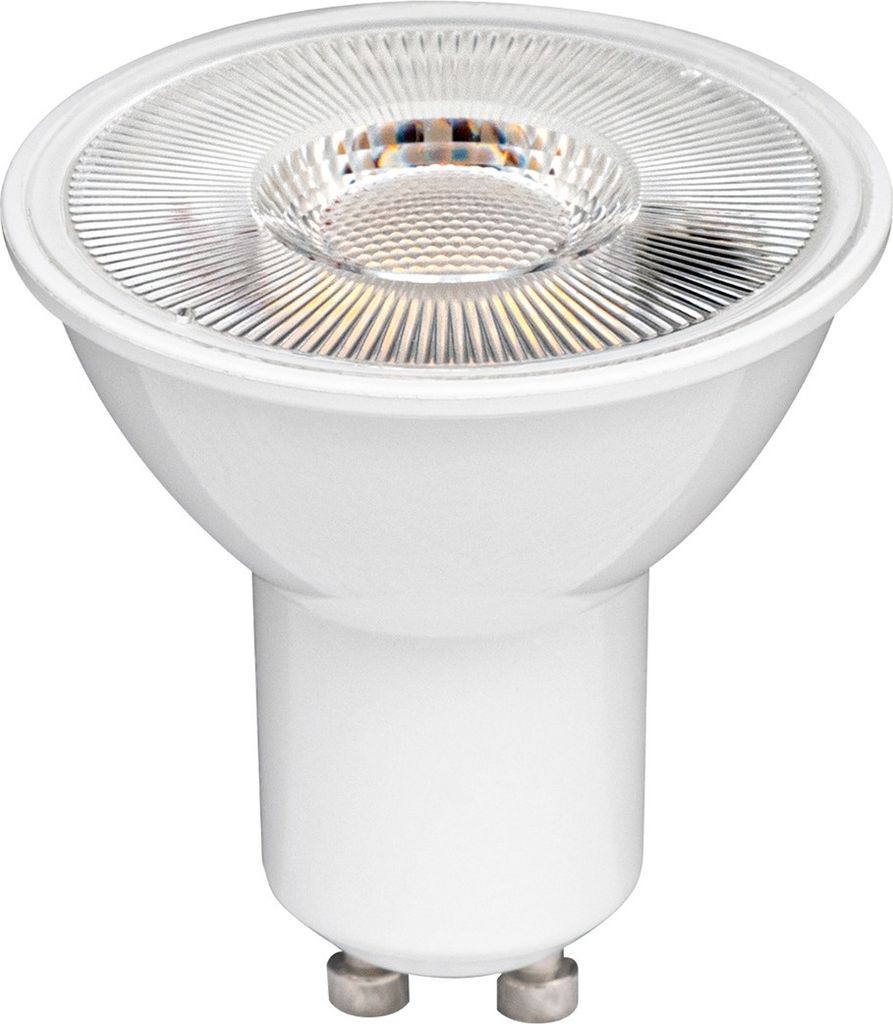 A white LED light bulb with a GU10 base is shown against a white background.