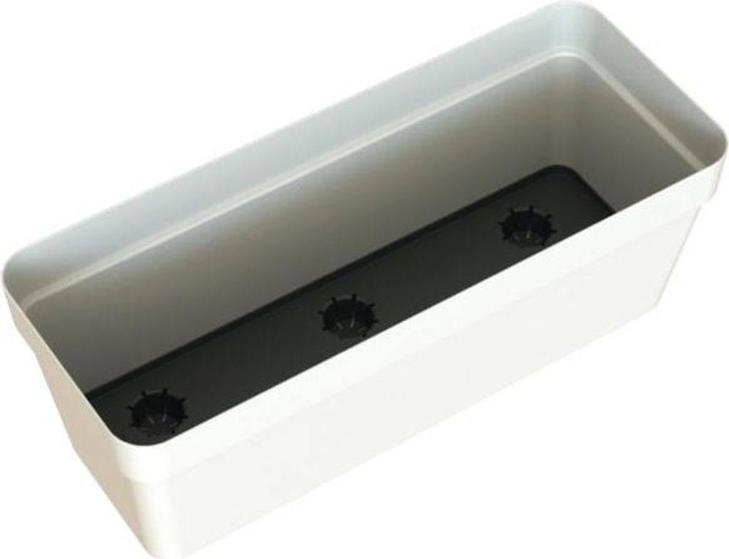 An empty white rectangular planter with a black insert.