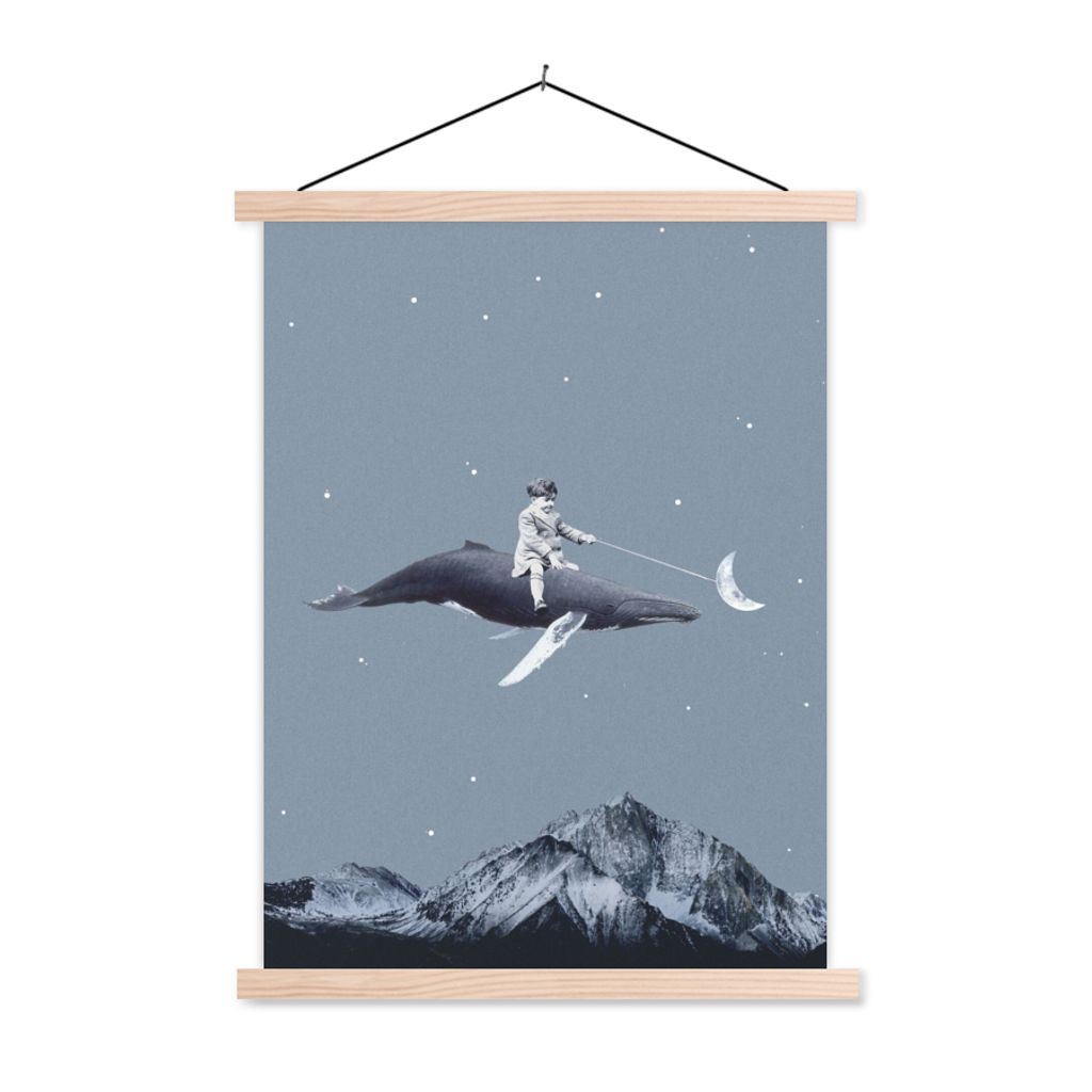 MuchoWow Textilposter Weltraum - Junge - Mond - Wal 120x160 cm mit holzfarbenen Rahmen - Plakatkarton
