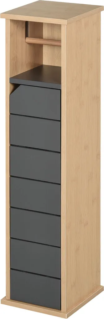 Armoire pour Papier Toilette Grise et Bambou - Meuble de Rangement WC Fin