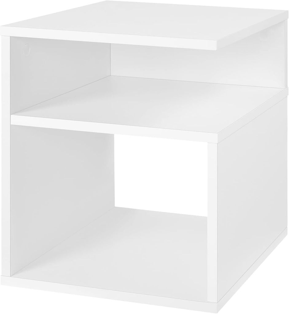 A white cube-shaped side table with two open shelves, shown from a slightly angled front view against a white background.