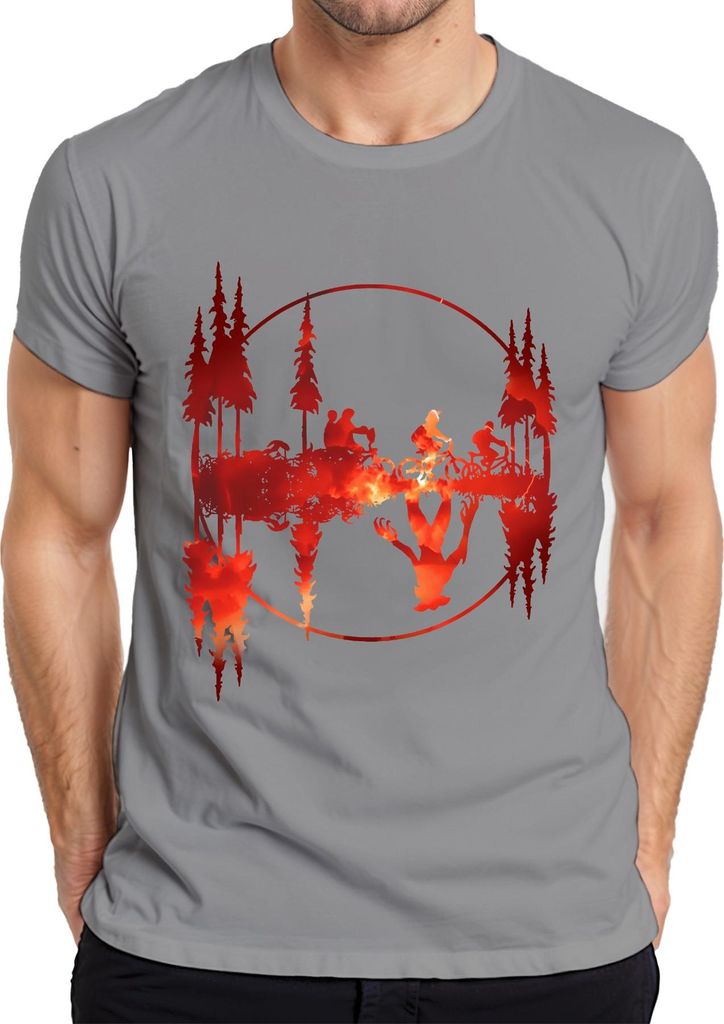 Mountainbike Wald Feuer Spiegelung Stranger Demogorgon Retro Geschenk Herren T-Shirt, Grau, XL