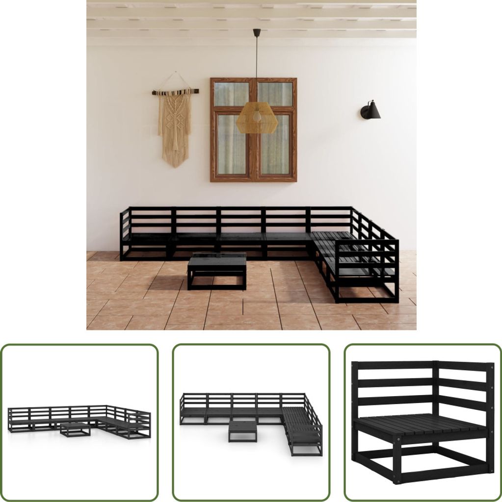 The Living Store 9-tlg. Garten-Lounge-Set Schwarz Massivholz Kiefer