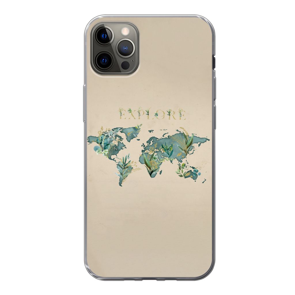 MuchoWow Handyhülle Schutzhülle Hülle für iPhone 12 Pro Max Weltkarte - Pflanzen - Wasser Silikon Softcase Handy Hülle - Hartschale