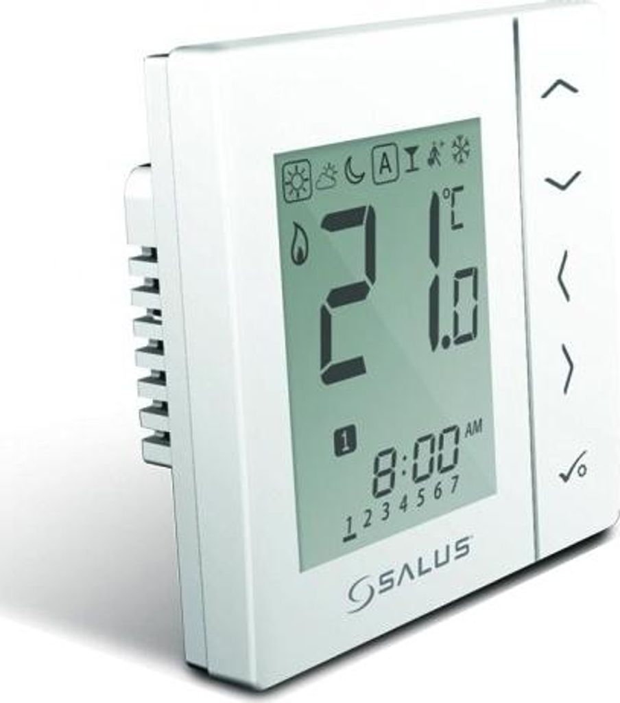 A white digital thermostat is shown at an angle against a white background.