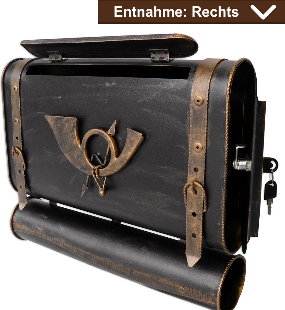 Briefkasten Retro alter Koffer mit Posthorn Postkasten mit Zeitungsfach Vintage Schwarz Gold Kupfer Silber Wandbriefkasten Antik Design - Farbe: Sc...