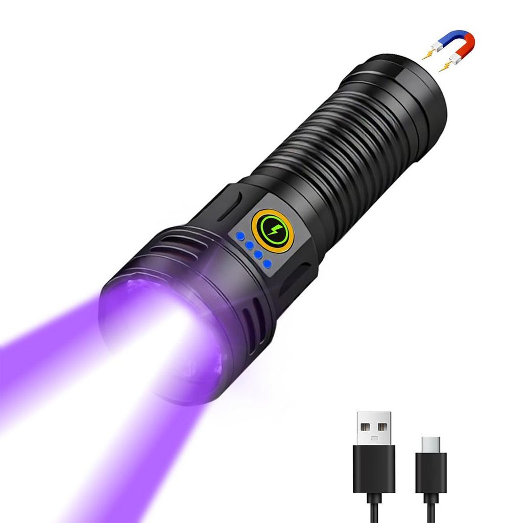 Wiederaufladbare UV Taschenlampe 395nm, Schwarzlicht & LED Licht, 5000mAh, Magnet, IPX5, für Camping, Outdoor & Notfall