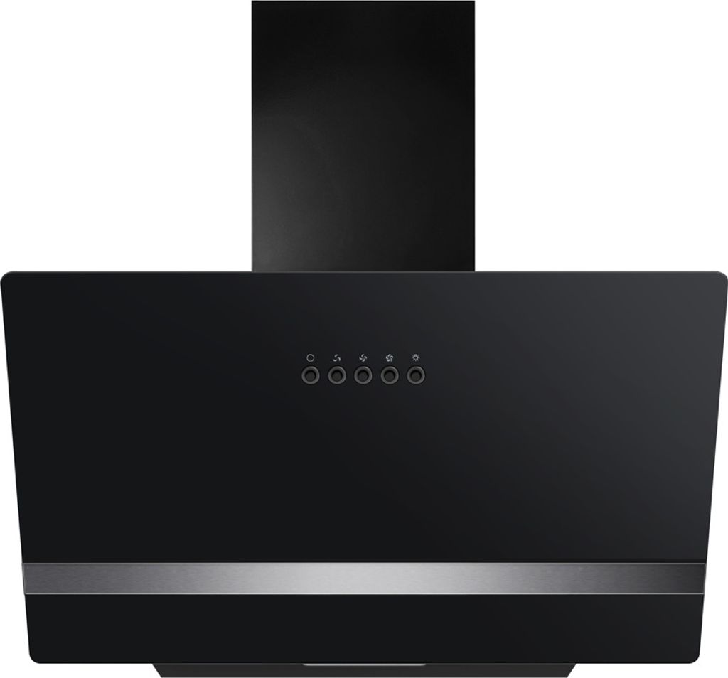 A black kitchen range hood with a silver accent strip and control buttons.