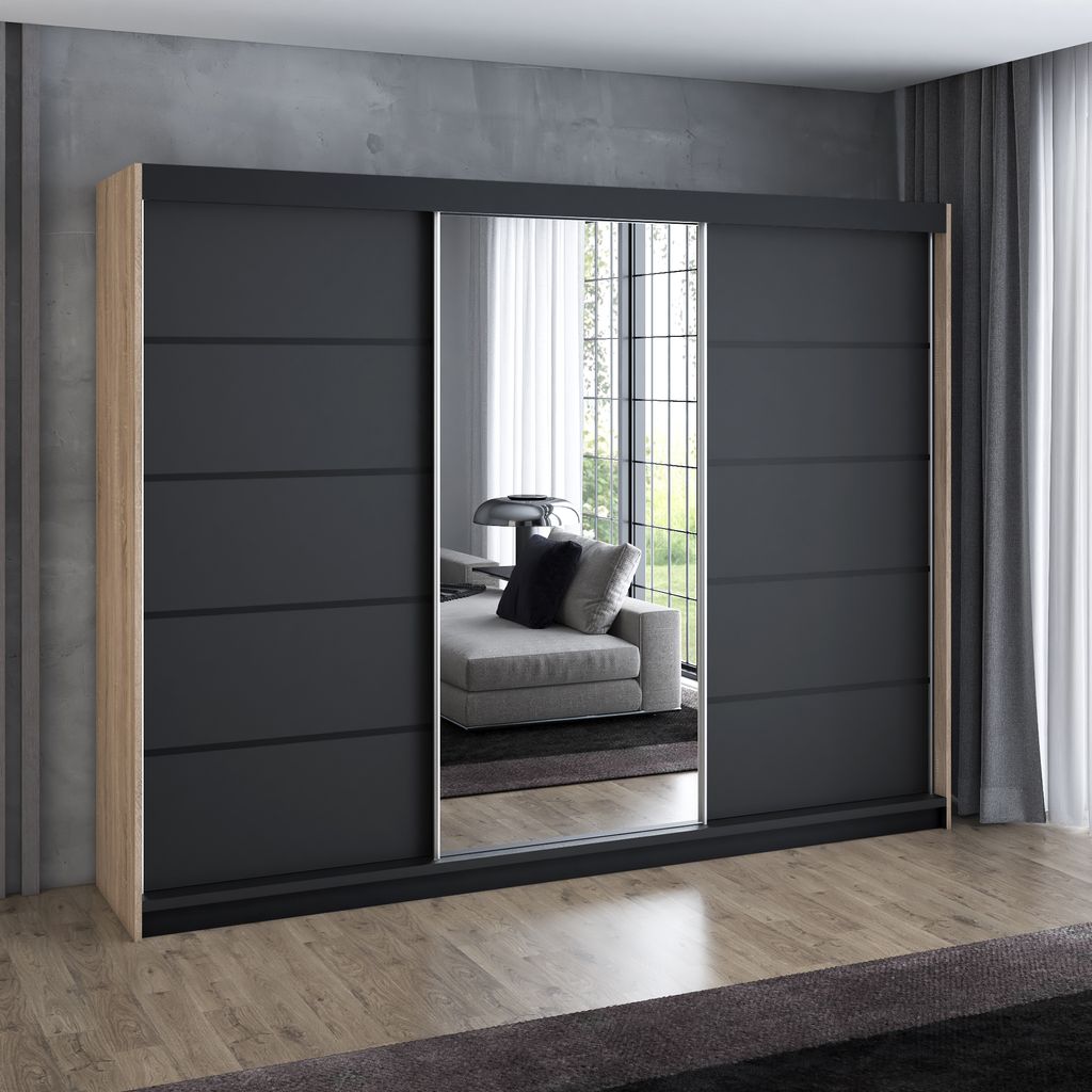 Schwebetürenschrank 200 cm, 3-türig, mit Spiegel & 4 Schubladen, Retro-Stil, modern, in Weiß/Schwarz/Sonoma – Kleiderschrank Velturo 4