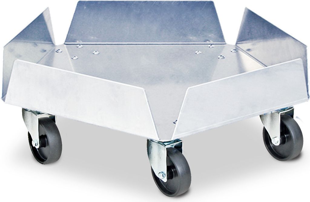 Transportroller Edelstahl, für Kunststofftonnen mit Ø 420 mm, Tragkraft 250 kg, mit verzinkten Lenkrollen und 5 schwarzen Kunststoffrädern Ø 75 mm