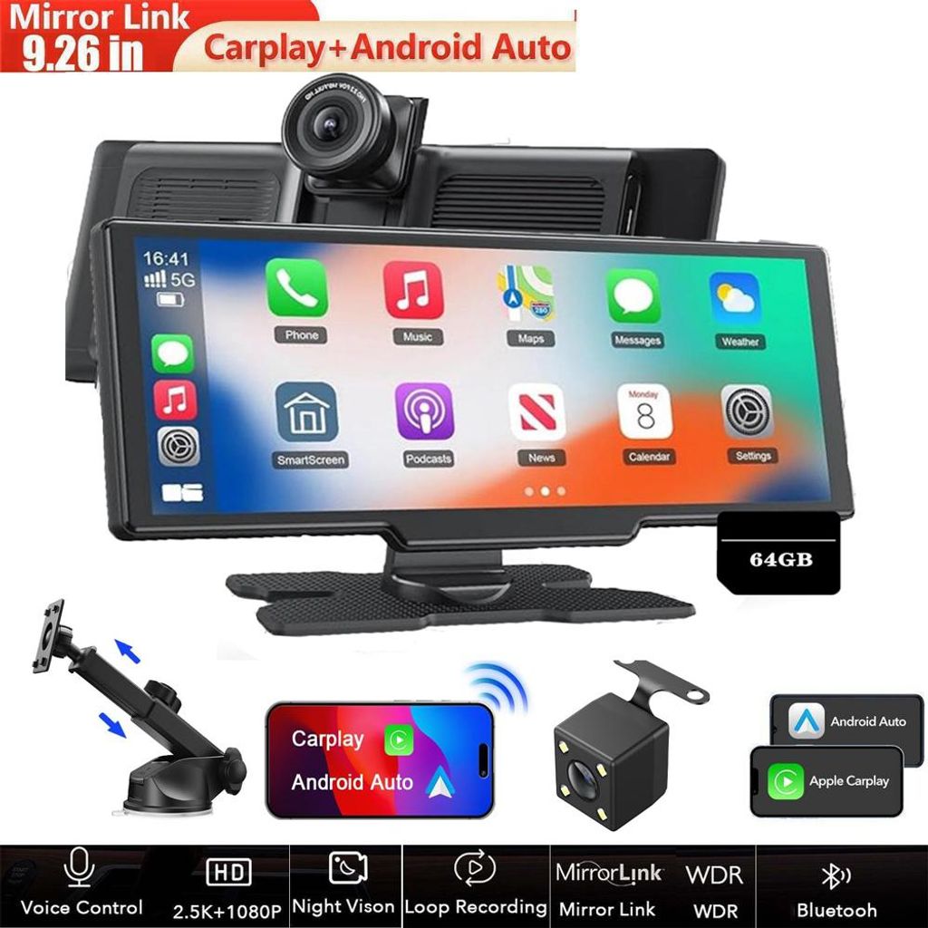 9.26 Zoll CarPlay Bildschirm,Tragbares Autoradios kompatibel mit Apple CarPlay&Android Auto