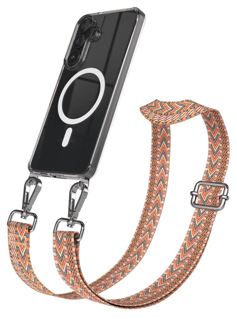 EAZY CASE - Handykette mit MagSafe Hülle für Samsung Galaxy S26 Plus, Handyband ZickZack Style, Karabiner Silber, Umhängeband in Orange