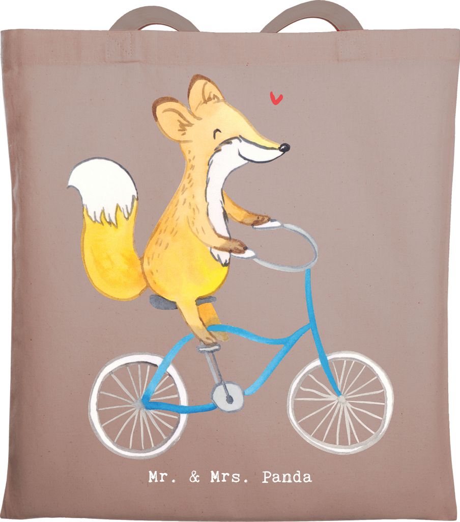 Mr. & Mrs. Panda Tote Bag Fuchs Fahrrad fahren - Braun Pastell - Geschenk, Laptoptasche, Jutebeutel, Shopping Tasche, Mountainbiking, Uni, Radeln, ...